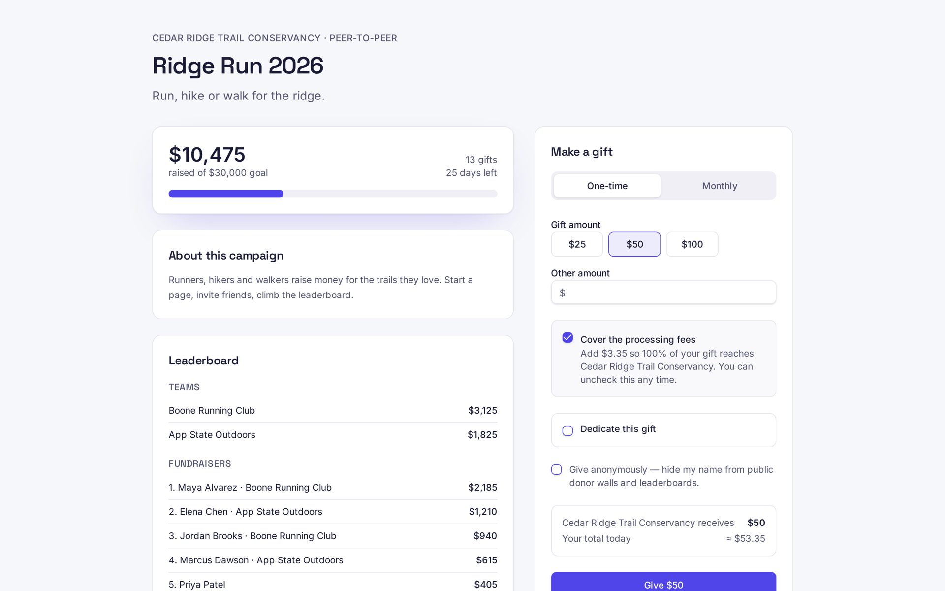 Peer-to-peer campaign page with team and fundraiser leaderboard