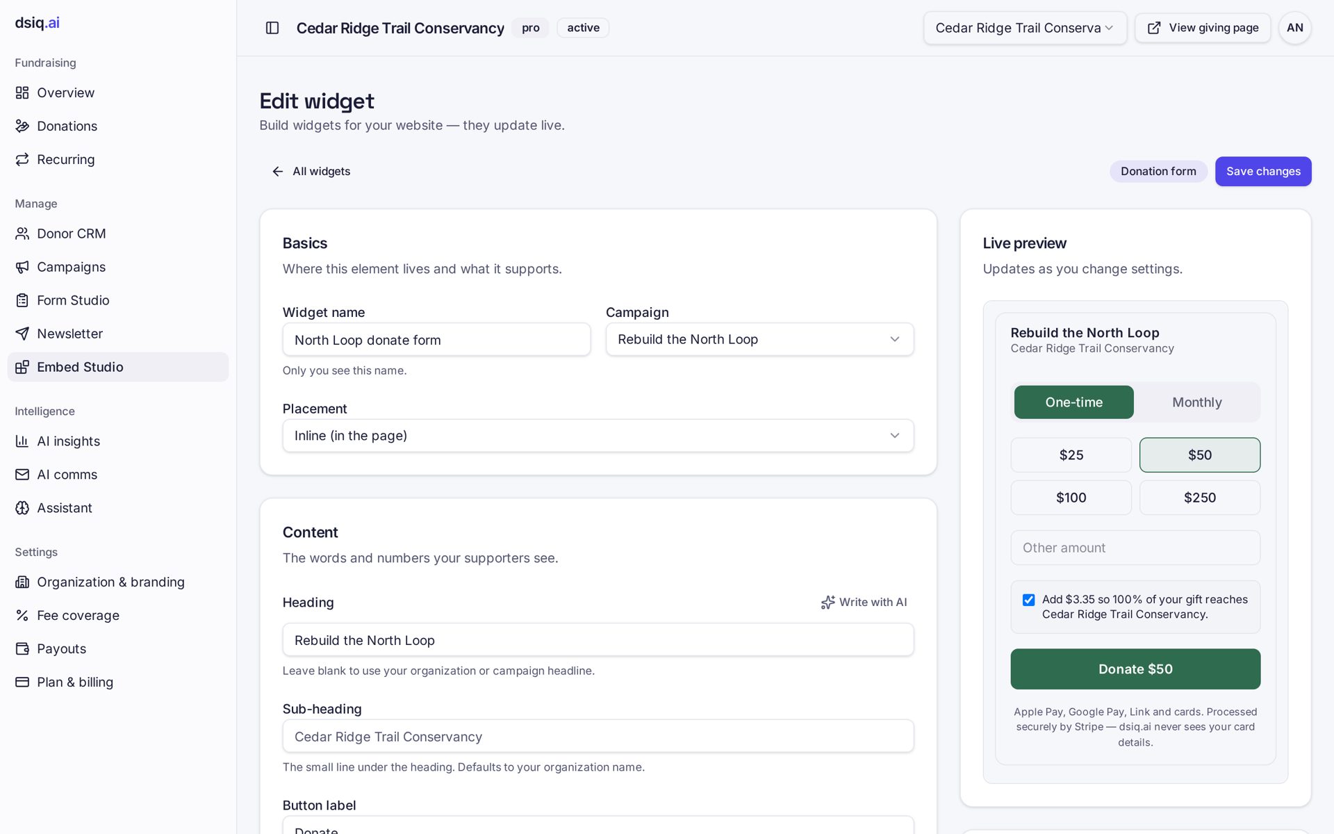 Widget builder with a live preview of a donate form