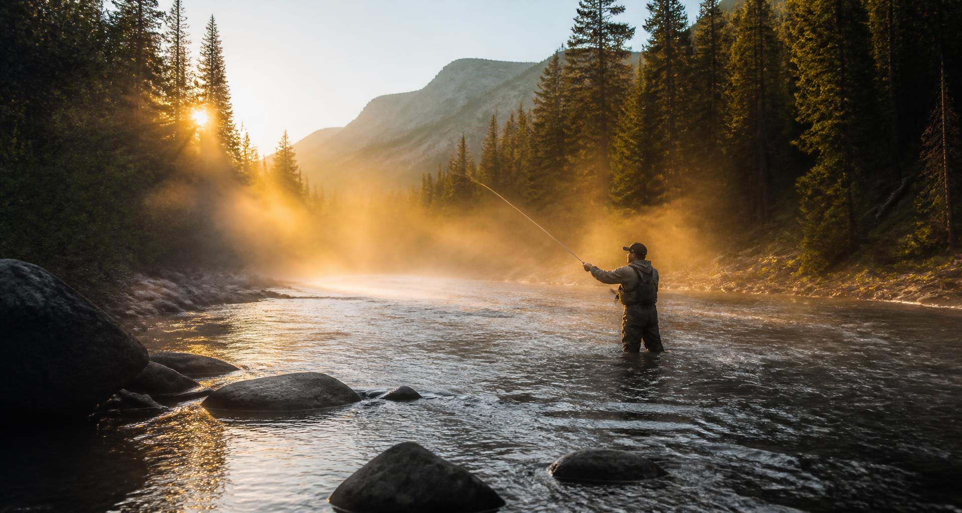 Fly fisherman casting on a misty mountain river at dawn